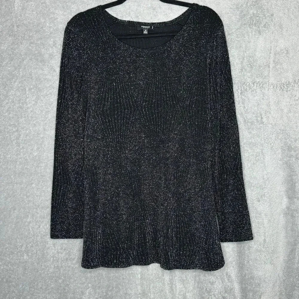 Premise Studio 1X Top Sweater Black Solid Round Neck Long Sleeve Metallic Peplum